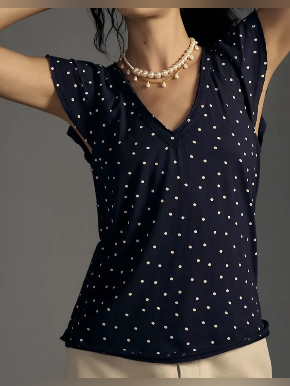 Maeve Navy and White Polka Dot Flutter-Sleeve Blouse - Size M